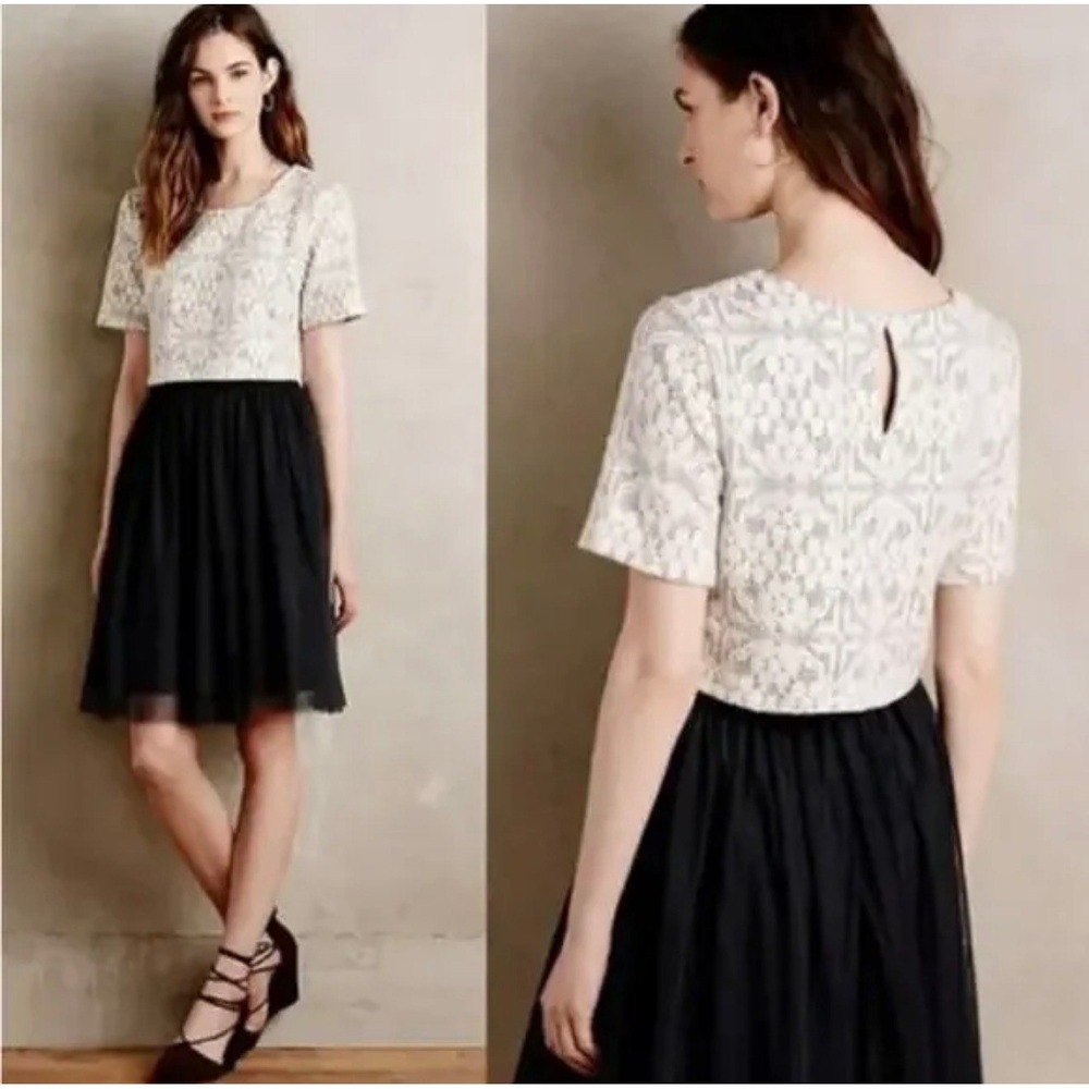 Anthropologie Weston Claire Lace Tulle‎ Grey Ivory Tulle Skirt Dress Size M